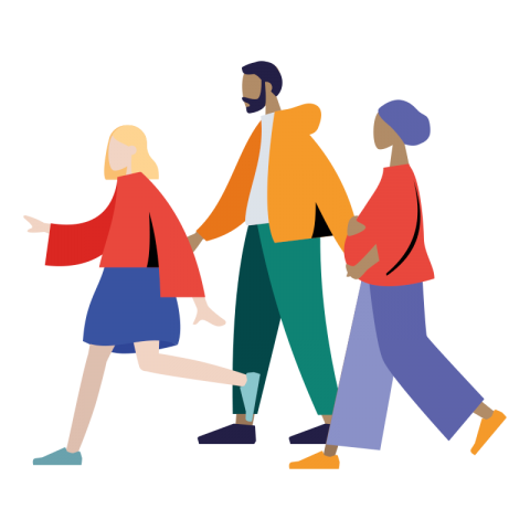 Illustration mit drei gehenden Personen