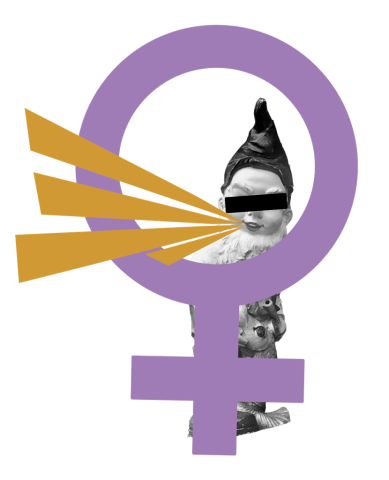 Grafik: Ein Gartenzwerg mit Balken vor den Augen blickt durch das weibliche Gender-Symbol. 