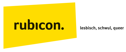 Logo rubivon mit schwarzer Schrift auf gelbem, unregelmäßigem Viereck und dem Schriftzug schwul, lesbisch, queer