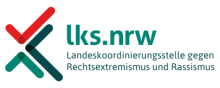 Logo: ein weißer Kreis zwischen verschiedenen Abzweigungen in Rot, Hellgrün und Dunkelgrün, rechts daneben steht "lks.nrw Landeskoordnierungsstelle gegen Rechtsextremismus und Rassismus