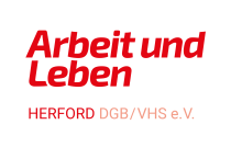 Logo Arbeit und Leben Herford DGB/VHS e.V. in roter Schrift auf weißem Grund