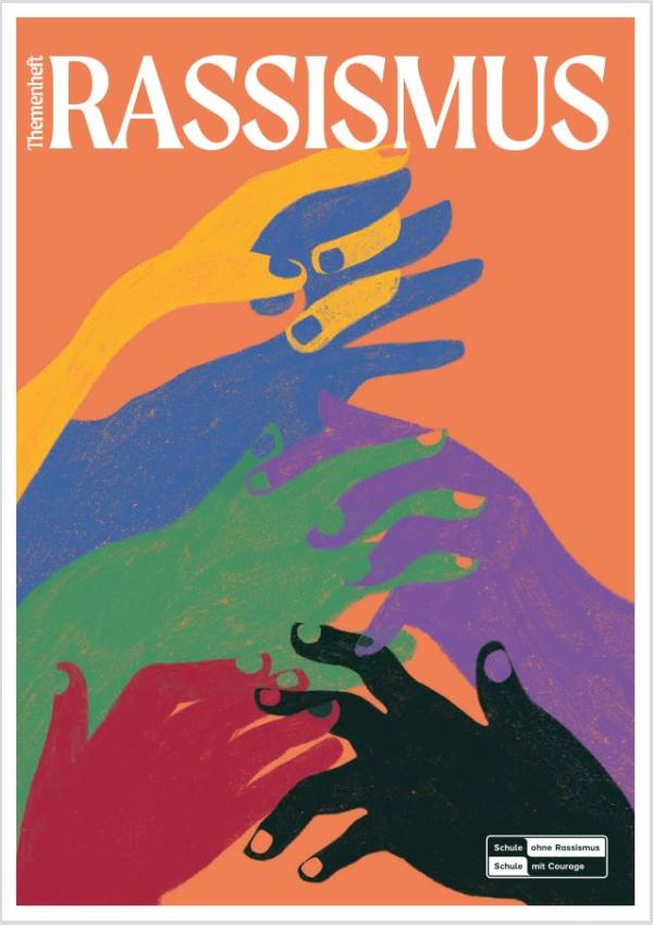 Titelbild des Themenhefts Rassismus mit gezeichneten, bunten und verschränkten Händen 