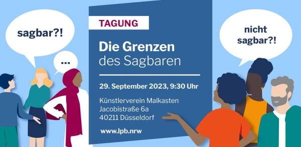 Grafik mit Personen und  Sprechblasen in denen "sagbar!?" und "nicht sagbar" steht?"