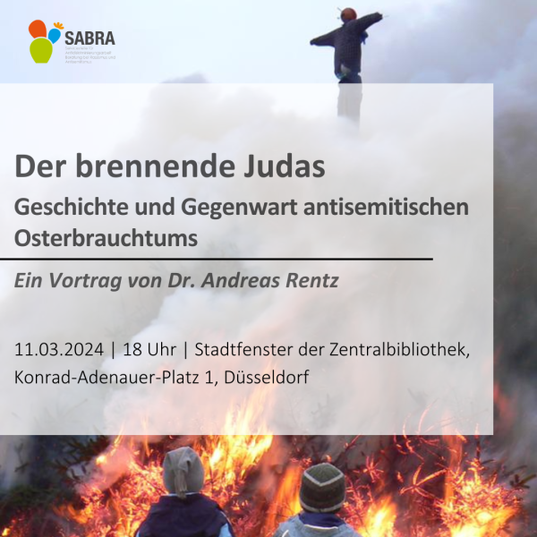 Foto des Osterfeuers in dem eine Puppe verbrannt wird, davor stehen zwei Kinder, darüber eine Texttafel mit den Angaben zum Vortrag