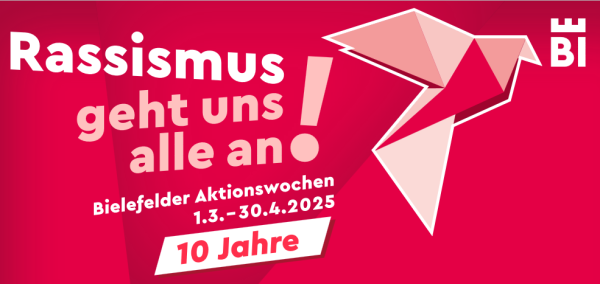 Logo der Aktionswochen gegen Rassismus in Bielefeld mit weißer Schrift auf rotem Hintergrund