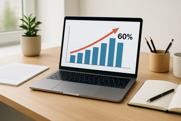 Laptop auf Schreibtisch mit Diagramm, das eine 60%ige Steigerung zeigt