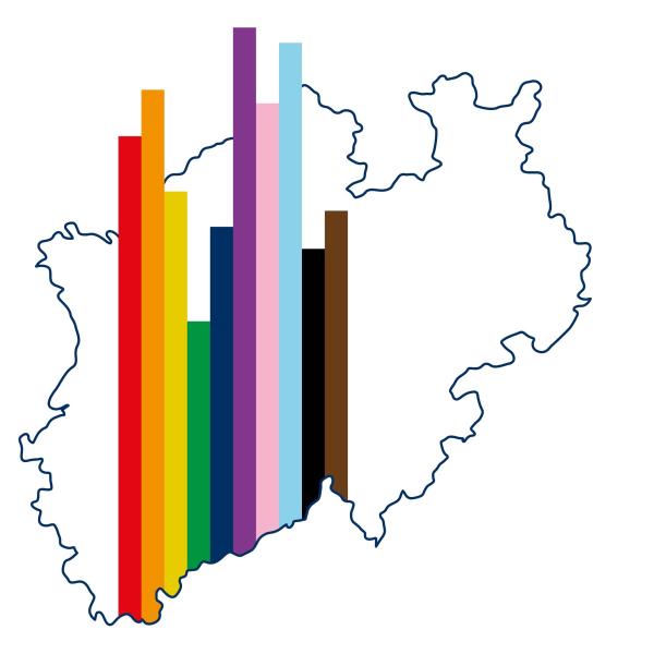 Grafik Umriss von NRW mit Balken in den Farben der Progress-Flag